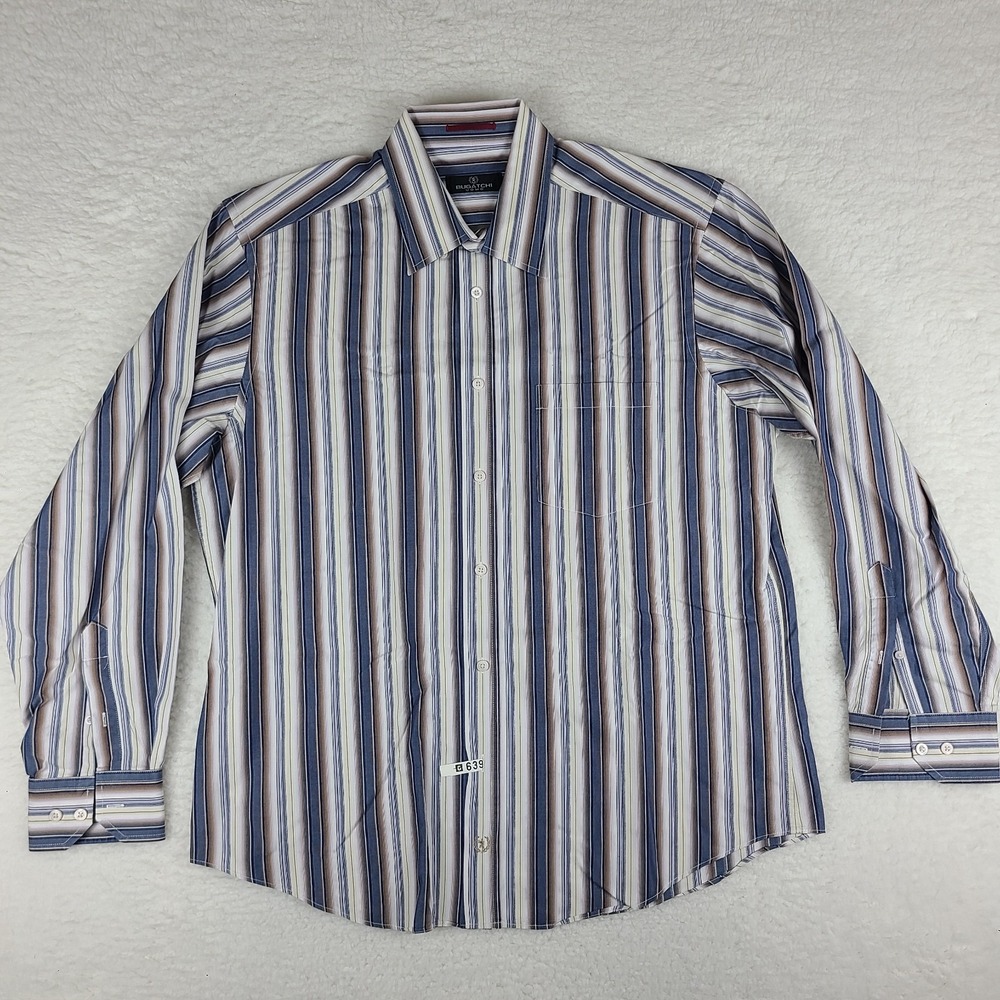 Bugatchi Uomo Shirt Mens XL Blue Striped‎ Dress Button Down
